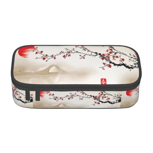Image of Japanese Cherry Blossom Ink Painting Large Pencil Case, Pencil Pouch With Zipper Compartments Stationery Pencil Bag For Kids Teens Students School Supplies