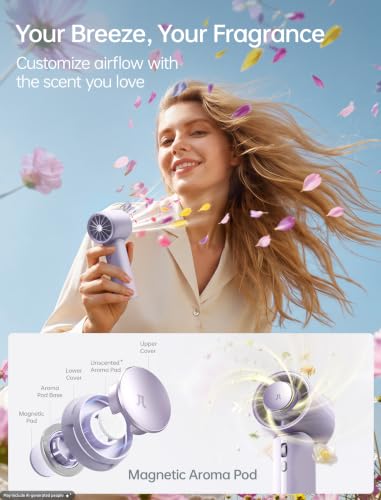 Image of JISULIFE Handheld Fan - Next‑Gen Cooling: 30H Max Runtime, 100‑Speed Turbo Air, Premium PU Leather, Aroma Pod Innovation, Portable Fan for Travel, Gifts for Women Men- Misty Purple (Pro1 Mini, 1Pc)