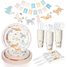 Qinyoung 176 Pcs Cat Birthday Party Supplies Disposable Tableware Set Serves 25 Cute Kitten Themed Paper Plates Napkins Cups Cutlery with Banner for Birthday Decorations