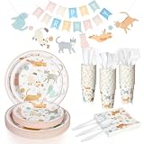 Qinyoung 176 Pcs Cat Birthday Party Supplies Disposable Tableware Set Serves 25 Cute Kitten Themed Paper Plates Napkins Cups Cutlery with Banner for Birthday Decorations