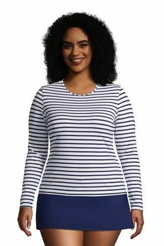 Lands' End Womens Long Sleeve Swim Tee Rash Guard White/Deep Sea Stripe Regular X-Large #TOP25