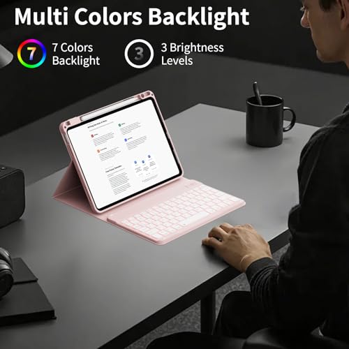 KenKe Case with Keyboard for iPad Air 11 inch M4/M3/M2 (2026/2025/2024), iPad Air 5th/4th Generation 10.9 inch, Soft TPU Back with Pen Holder, 7 Colors Backlit Detachable Folio Keyboard case, Pink by KenKe - Image 3