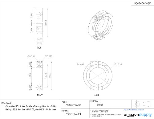 Climax Metal 2C-118 Steel Two-Piece Clamping Collar, Black Oxide Plating, 1-3/16" Bore Size, 2-1/16" OD, With 1/4-28 x 3/4 Set Screw - Thumbnail 2