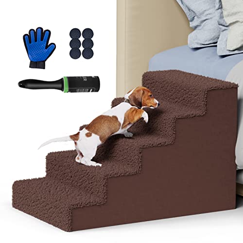 Lesnox Plastic Dog Stairs For Small Dogs, Wider 5-Step, Non-Slip Pet Stairs For Bed/Couch, Dog Ramp/Ladder With Washable Cover, Send 1 Lint Roller, 19.8”H, Supports Up To 50Lbs #TOP5