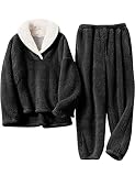 Cierre sin cierre Yimoon Conjunto de pijama de forro polar sherpa para mujer, pantalones de pijama suaves y peludos, trajes de dos piezas, Negro -, S
