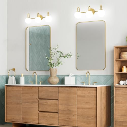 Image of Gold Light Fixtures, 3-Light Over Mirror, Mid Century Modern Bathroom Vanity Lights Wall Sconces With Globe Frosted Milk Glass