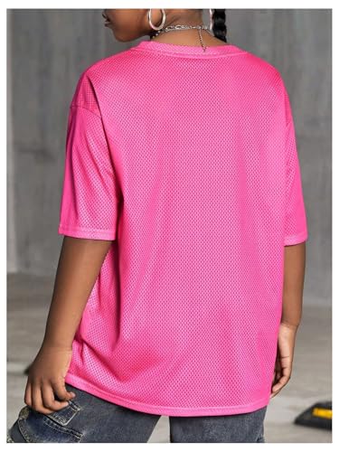 Image of RoseSeek Girl's Oversized T Shirts Letter Number Mesh Jersey Tops Short Sleeve V Neck Drop Shoulder Tees