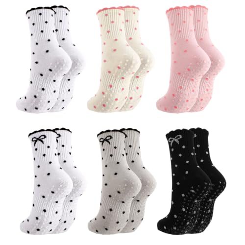 soxitoevy Womens Ruffled Edge Polka Dot Bow Non Slip Yoga Socks 6 Pairs