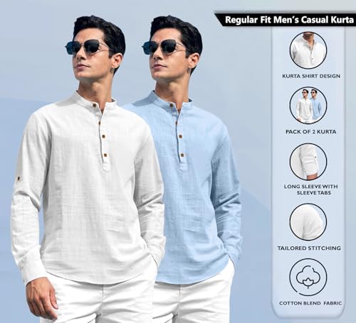 Image of Zombom Combo of Men's Solid Cotton Polyester Blend Full Sleeve Straight Kurta Shirt (Pack of 2)