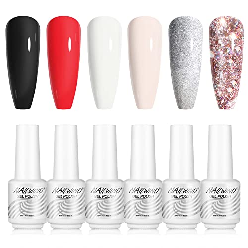NAILWIND Gel Nagellack Set, UV Nagellack Silberner Glitzer Nagelgel Farbgel für Nail Art Nagel Design 6 Farbe 8ml Cover