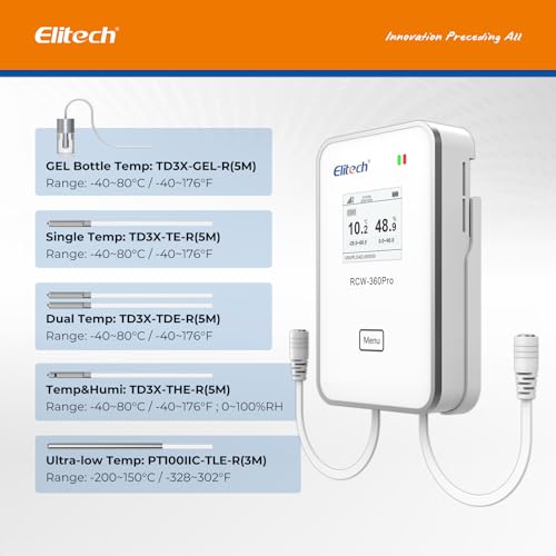 Image of Elitech Dual Temperature Probe for RCW-360Pro, -40F to 176F, 16.4ft Cable Auto-Detection Digital Sensor with Individual Calibration Certificate for Medical Pharma Validation, TD3X-TDE-R-5M