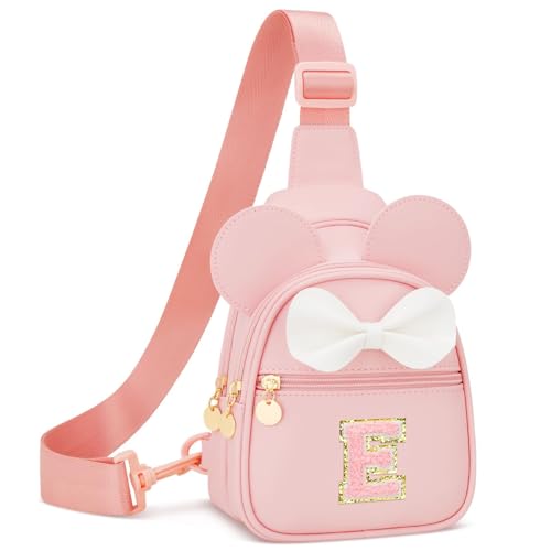 Image of Initial Sling Bag Crossbody Purse for Kids Girls Age 3-8 | Personalized Initial Gift, Soft Vegan Leather, Adjustable Strap & 3 Pockets for Kids Girls 3-8, Pink E