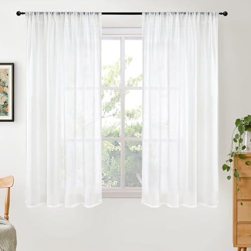 Image of BGment White Linen Curtains 48 Inch Length for Short Window - Natural Semi Sheer Drapes Light Filtering with Rod Pocket for Living Room Bedroom Kitchen Lightweight Rustic, 2 Panels Set, 42 X 48 Inch