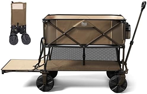 TIMBER RIDGE Folding Double Decker Wagon, Heavy Duty Collapsible Wagon Cart with 54" Lower Decker, All-Terrain Big Wheels for Camping, Fishing, Shopping, Garden, and Beach, Support Up to 225lbs, Brown