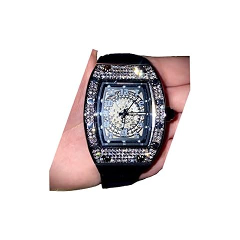 Shop-iGold Men's Luxury Square Silver Dial Wrist Watch with Black Band, Iced Out CZ Diamond Bracelet, Roman Numeric Dial, Hip Hop Rapper Choice Bust Down Watch for Men and Women Cover