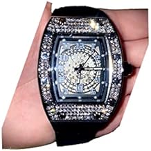 Mens Luxury Square Silver Dial Wrist Watch with Black Band, Iced Out CZ Diamond Bracelet, Roman Numeric Dial, Hip Hop Rapper Choice Bust Down Watch for Men and Women