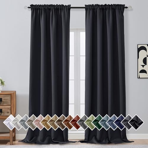 Image of Black Blackout Curtains 108 Inches Long 2 Panels, Solid Light Reducing Thermal Insulated Curtain Panels for Patio Sliding Door, Modern Window Treatments Living Room Drapes, 2x50Wx108L Inches