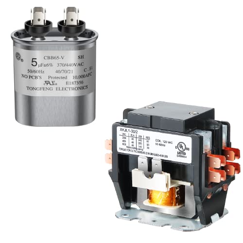 120V 30A 2P Carrier HVAC Motor Contactor with 5 uF ±6% 370V/440V Capacitor CBB65B Compatible with C230B, Air Conditioner, Heat Pump, Refrigeration Systems