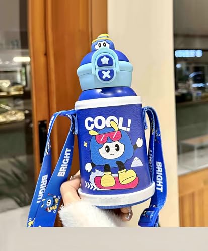 Image of Kids Stainless Steel Insulated Mug Bottle with Straw & Strap - 500ml Double Wall Vacuum Sipper Flask, Portable School Travel Water Bottle for Boys & Girls,Blue
