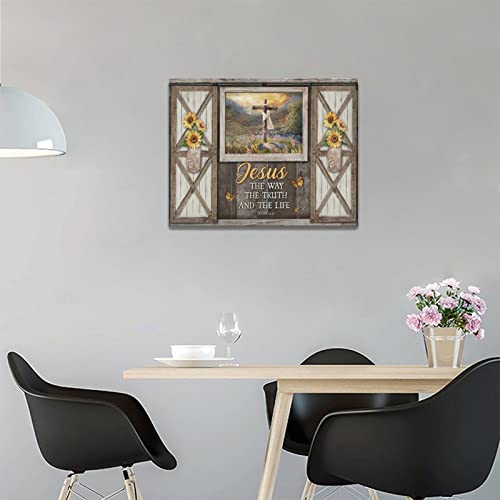 Christian Cross Wall Art Rustic Window Sunflower Religious Canvas Wall Decor Scripture Bible Verse Pictures Print Paintings Framed Artwork Home Decor For Bedroom Living Room 12"X16" #TOP2