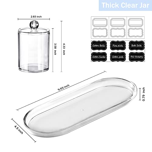 Qtip Holder Bathroom Set With Tray(4Pcs) - 3 Pack Acrylic Plastic Apothecary Jars Qtip Dispenser Canister With Lid And Labels, 1 Pack Bathroom Vanity Tray, For Cotton Ball, Cotton Swab(Clear) #TOP6