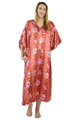 Up2date Fashion Women's Satin One Size Caftan/Kaftan in Coral Lillies Print