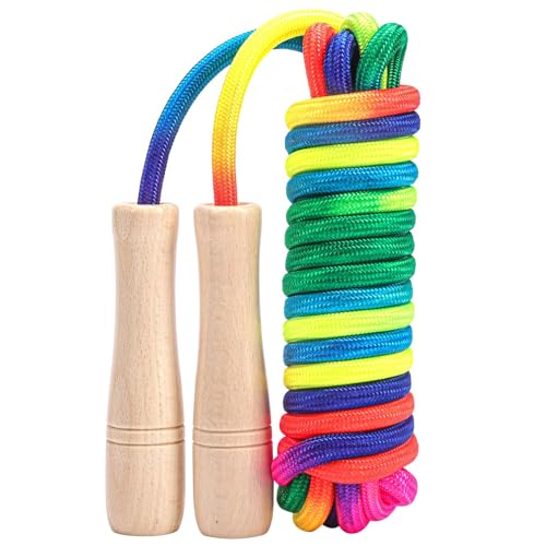 Double Dutch Long Jump rope for Kids,16Ft Skipping Rope for Kids Adults, Rainbow Jumping Rope for Multiplayer with Wooden Handle for Outdoor Fun, School Sport, Party Game (1 pack)