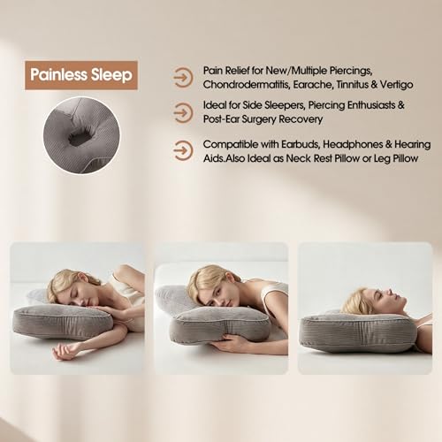 Ear Piercing Pillow with Hole, Down-Alternative Fluffy Support Pillow, Gray — view 2