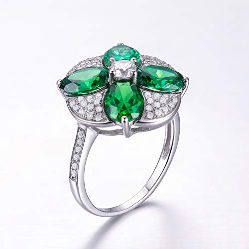 925 Sterling Silver Rings for Women, Flower Statement Engagement Ring, Simulated Emerald Quartz Wedding Band Promise Ring for Her3