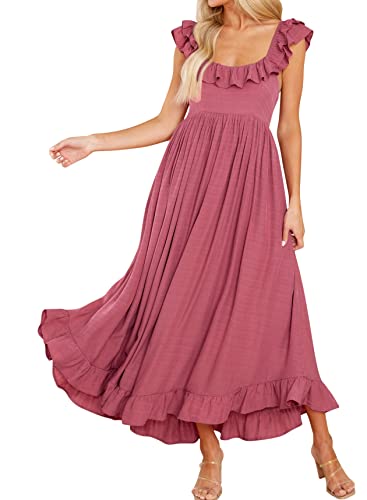 R.Vivimos Summer Dress for Women Sleeveless Boho Ruffle Square Neck Tie Back Casual Backless Flowy Midi Dress (Small, DarkPink)
