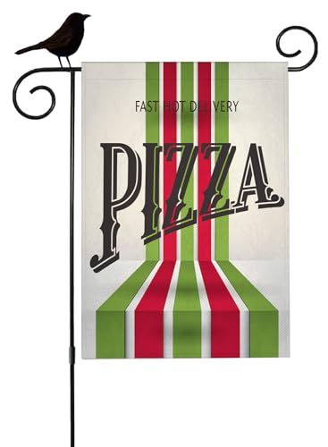 Mugod Retro Pizza Garden Flag 12.5x18 Inch, Italian Food Red Green Striped Double Sided Burlap Yard Flag for Seasonal Farmhouse Outdoor Decor