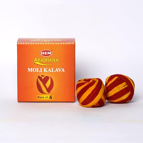 Image of Hem Aradhana Moli /Kalawa (14 GMS) - Traditional Sacred Thread for Pooja, Religious Ceremonies, and Rituals Red Cotton Thread with Yellow Streaks - 14 Grams Pack