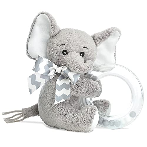 Image of Bearington Baby Lil’ Spout Ring Rattle, Plush Gray Elephant, Plush Gray Elephant, Baby Elephant Stuffed Animal, 5.5 Inch