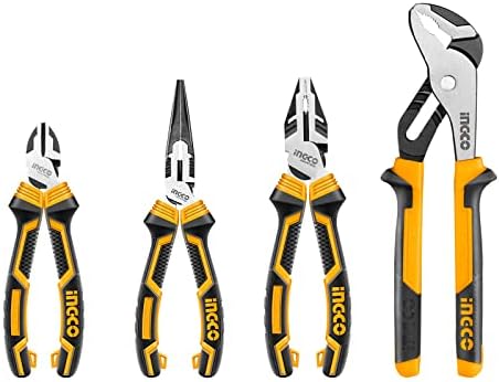 INGCO 4 Pcs Pliers Set in Stackable Box, 8" Long Nose Pliers,7" Diagonal Cutting Pliers, 8" Combination Pliers,10" Pump Pliers HKTV01P042