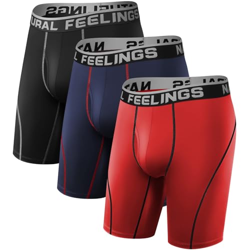 Natural Feelings Langes Bein Sport Boxershorts Herren 3er Pack Elastisch 9 Zoll Unterhosen Männer