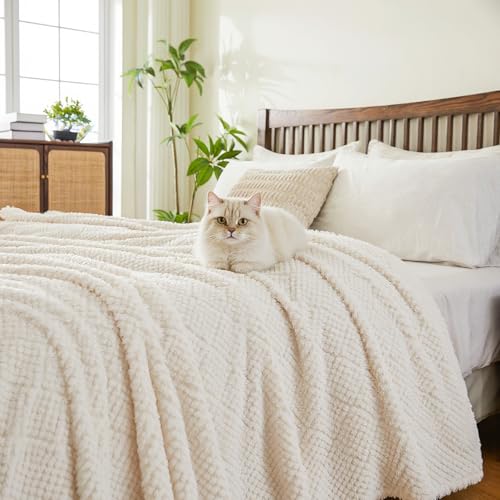 Image of EMME Fleece Blanket, 3D Jacquard Throw Blanket for Couch and Bed, Soft Cozy and Fluffy Blankets Lightweight Luxury Flannel with Waffle Design (Ivory, 60 inch x 80 inch)