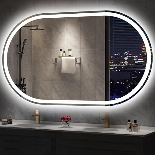 S'bagno Ovale Specchio Bagno con Luce 60x100cm, Bluetooth Specchio Retroilluminato Bagno con Anti-Fog, Memoria, 3000K/4000K/6500K, Vetro Temperato HD, IP44 Impermeabile, Orizzontale or Verticale