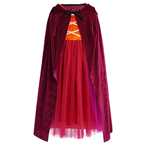 Ibtom Castle Halloween Costume Kids, Girls Flying Sleeve Velvet Tulle Witch Dress Hooded Cloak Wigscarnival Birthday Party Halloween Fancy Dress Up Outfit Wine Red+Cloak 5-6 Years #TOP3