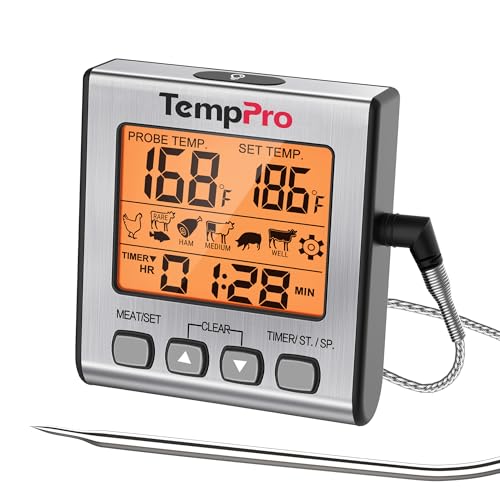 TempPro Digital Meat Thermometer for Cooking and Grilling, BBQ Food Thermometer with Backlight and Kitchen Timer, Grill Temperature Probe Thermometer for Smoker, Oven, Baking,Oil(Previously ThermoPro)
