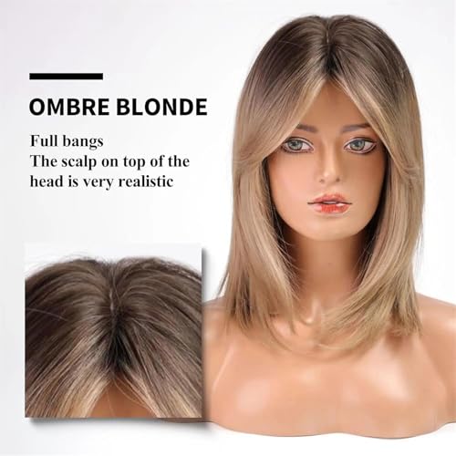 Peruki do włosów Peruki Ombre Brown Blonde dla kobiet Peruka Ash z grzywką kurtynową Długość ramion codziennego użytku