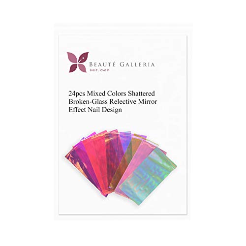 Beaute Galleria 24 Pieces Mixed Colors Nail Art Diy Holographic Shattered Broken-Glass Reflective Mirror Shard Effect Rainbow Thin Iridescent Cellophane Films Foils #TOP6