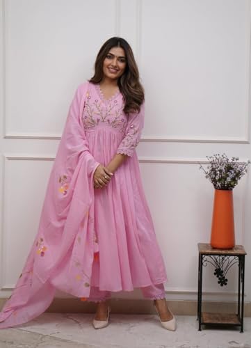 Image of Premium Cotton Embroidered Anarkali Suit Set for Women with Dupatta, Floral Embroidery, 3 Piece Set, Soft and Comfortable