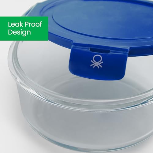 Image of United Colors of Benetton 570ML Borosilicate Glass Food Storage Container with Airtight Blue Lid - Leakproof, Microwave, Oven, Freezer & Dishwasher Safe - Durable & Reusable Lunch /Dinner Box