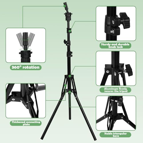 61'' Adjustable Wig Stand Tripod, Wig Holder Stand with Head, Caps, Elastic Bands, T Pins Tool Kit for Wigs Styling Making Display, Cosmetology Hairdressing Training
