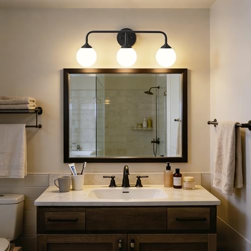 Image of Bathroom Light Fixtures - 3 Light Brushed Brass Vanity Light Over Mirror for Bathroom Mirror Living Room Bedroom, Black Bathroom Wall Sconce with Frosted Glass Shade, 3 G9 Bulbs Included