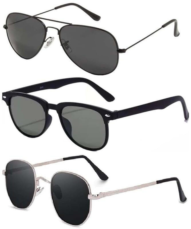 younky Unisex UV400 Protection| Combo Offer Pack of 3 Stylish Black Shade| Rectangular, Pathan, Aviator Sunglasses for Men and Women with Box| #3-201-picture-53