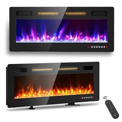 BREEZEHEAT 42 inch Electric Fireplace Wall Mounted/Freestanding-Ultra Thin Fireplace Inserts for Living Room with Double Heat Vent, Remote Control, Touch Screen, Led Flame, 8H Timer, 750w/1500w