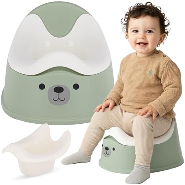 sun baby Nocnik dla dzieci 18-36 miesięcy, antypoślizgowe nóżki, ergonomiczne oparcie, wyjmowany wkład, tworzywo sztuczne, do 15 kg (Zielony-Biały + Naklejka Miś)