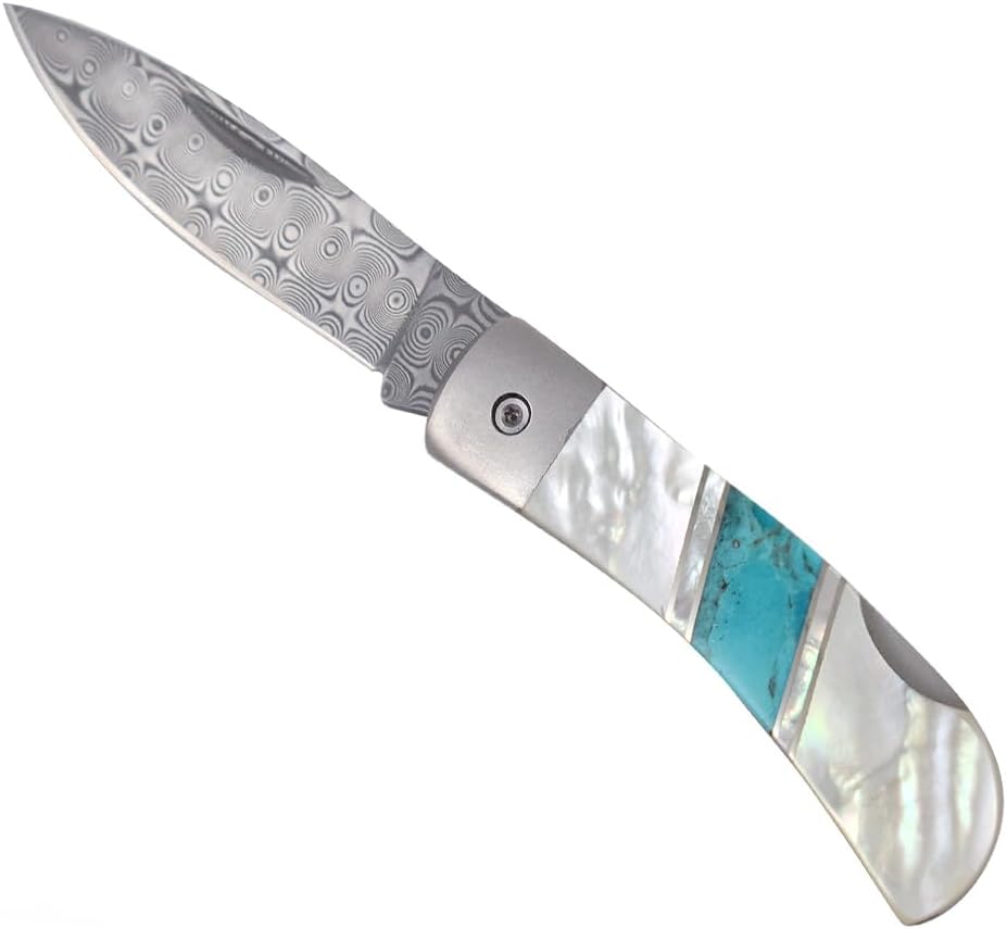 Modern Artisans Folding Pocket Knife with Damascus Blade and Artisan-Crafted Mother of Pearl and Arizona Turquoise Stone Handle, 3"