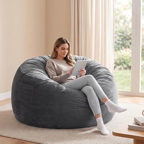 Image of Kromax Bean Bag Chair with Filling Included, Large 4FT Comfy Bean Bag Chairs for Adults, Teens, Memory Foam, Machine Washable Thick Dutch Velvet Cover, for Living Room, Den, or Bedroom, Dark Grey